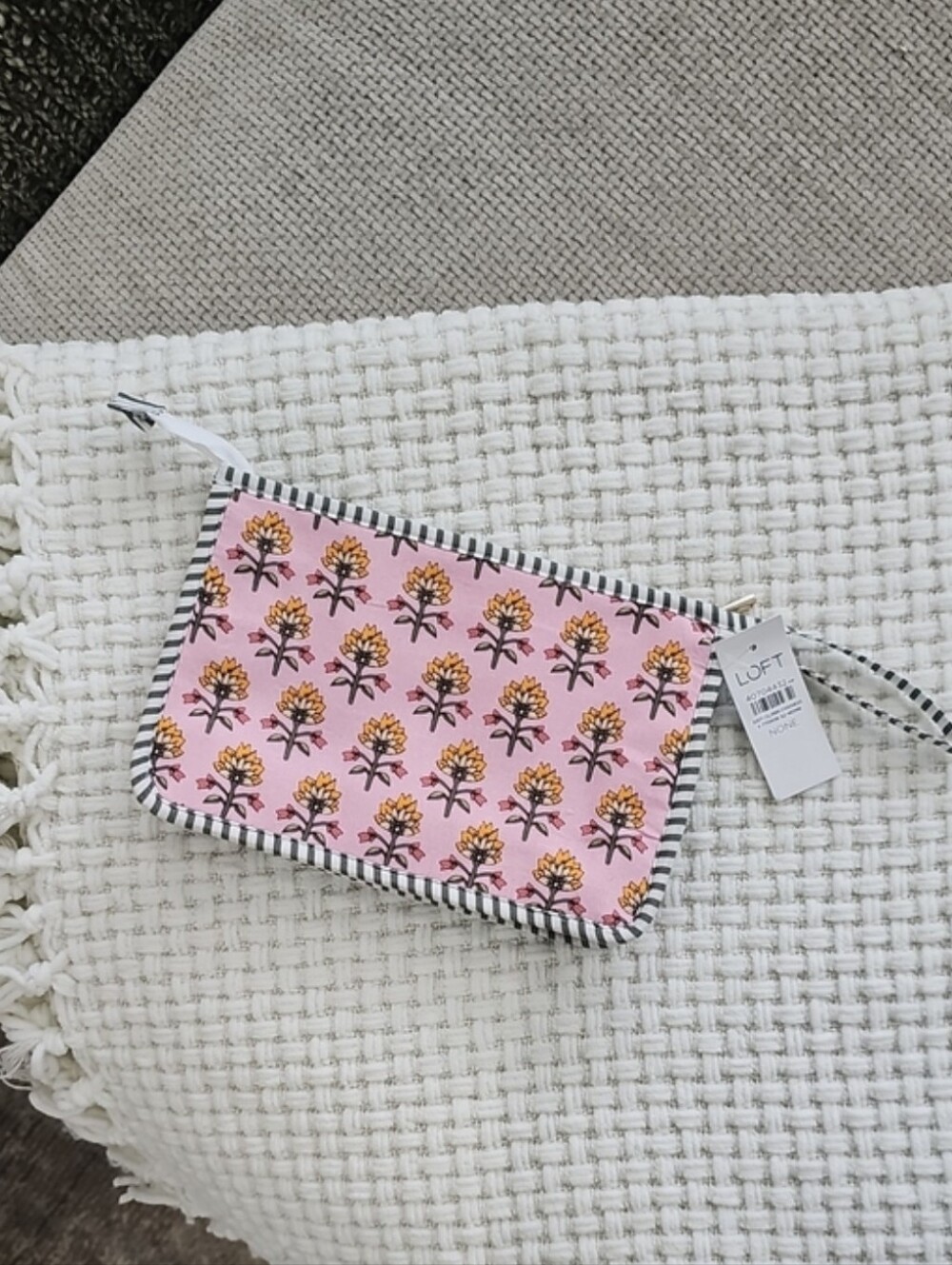 BNWT LOFT Pink Floral Wristlet with Striped Trim